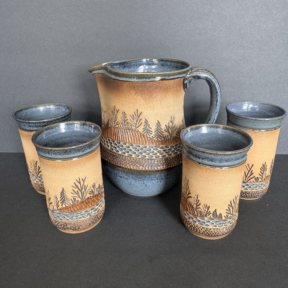 Vintage Lederer Art Pottery SET Landscape Trees Handmade Artist Signed 90's
